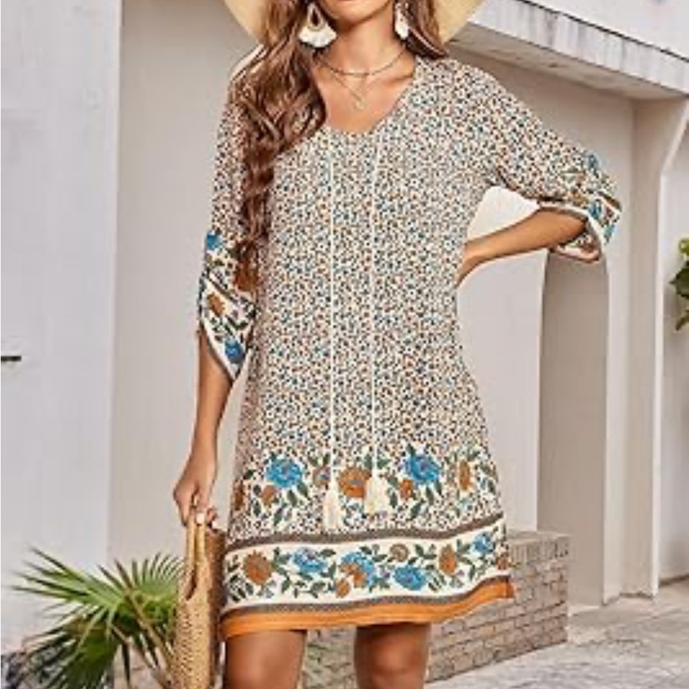 Floral Print Mini Dress - Blue and Orange